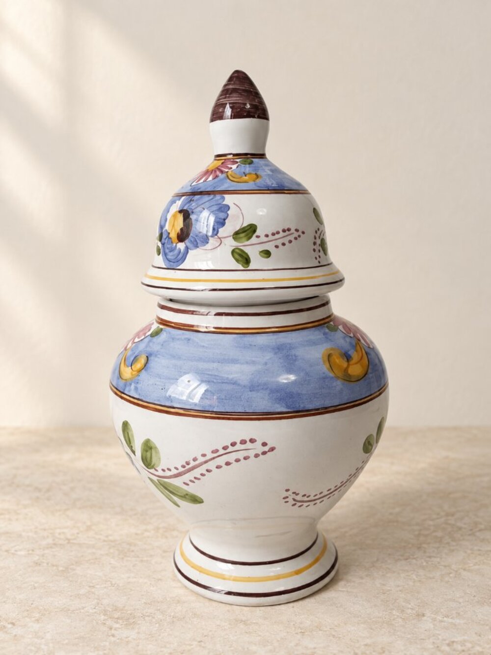 ART POTTERY Ginger Jar Hand Painted Floral Blue White Lidded Urn 9" Vintage